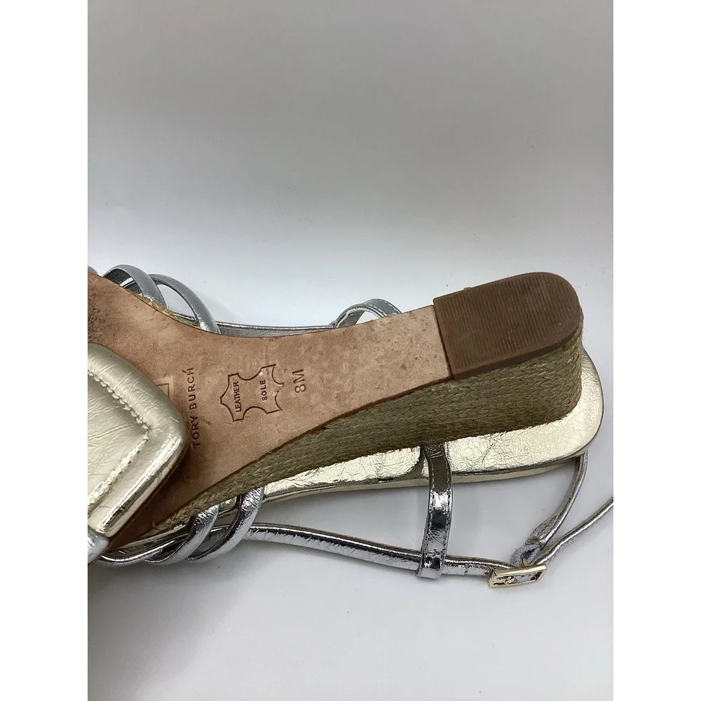 Tory Burch Multi Strap 75MM Slingback Espadrille Sandals Size US 8 Silver Gold